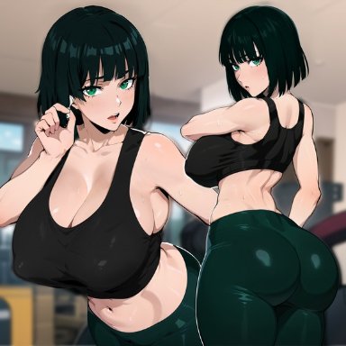 one-punch man, fubuki (one-punch man), kisou, 1girls, airpods, ass, breasts, bubble butt, dat ass, female, front and back, green eyes, green hair, huge ass, huge breasts