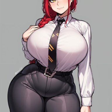 chainsaw man, makima (chainsaw man), oatmealdood, 1girls, 5 fingers, alternate ass size, alternate body type, alternate breast size, big breasts, big thighs, black necktie, black pants, breasts, clothed, clothed female