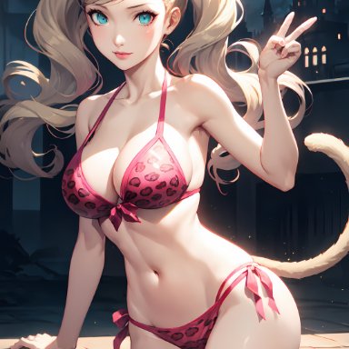 atlus, persona, persona 5, ann takamaki, nai diffusion, stable diffusion, 1girls, big breasts, blonde hair, blue eyes, bra, breasts, cat ears, cat tail, female