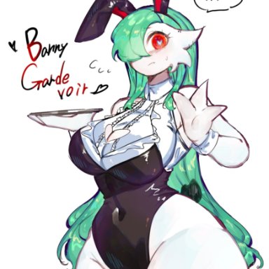 nintendo, pokemon, gardevoir, generation 3 pokemon, pok&#233;mon (species), togetoge, 1girls, 3 fingers, big breasts, blush, bunny ears, bunnysuit, female, female only, green hair