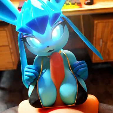 nintendo, pokemon, eeveelution, generation 4 pokemon, glaceon, pokemon (species), xazter3d, anthro, anthro focus, breast play, breasts, clothed, clothing, duo, female
