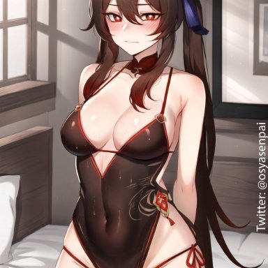 genshin impact, mihoyo, hu tao (genshin impact), osyasenpai, stable diffusion, 1girls, breasts, brown hair, female, female only, hat, long hair, looking at viewer, medium breasts, red eyes