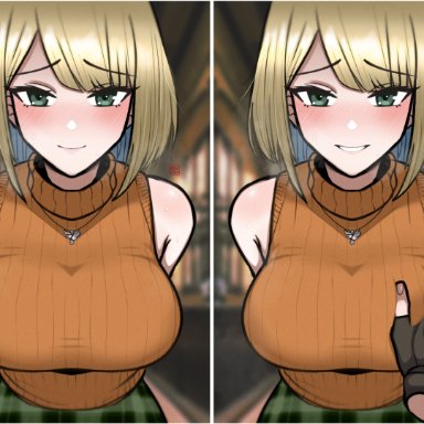 resident evil, resident evil 4, resident evil 4 remake, ashley graham, ashley graham (ella freya), leon scott kennedy, mugibunbun, 1boy, 1girls, blonde hair, breast grab, breasts, fondling, gloves, green eyes