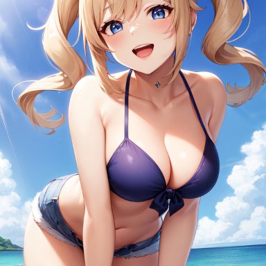 genshin impact, barbara (genshin impact), bikini, bikini top, blonde hair, blue eyes, breasts, cleavage, female, looking at viewer, smile, twin drills, twintails, ai generated