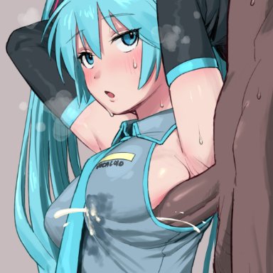 vocaloid, hatsune miku, keiichi r18, 1boy, 1girls, armpits, arms behind head, blue eyes, blue hair, blue necktie, blush, breasts, collared shirt, cum, cum in clothes