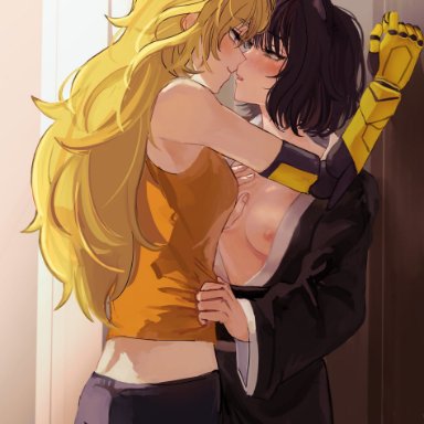 rwby, blake belladonna, yang xiao long, naizo (kimosugimasu), 2girls, animal ears, bed, black hair, blonde hair, blush, canon couple, mechanical arms, multiple girls, nipples, prosthesis