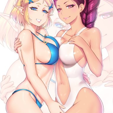 fire emblem, fire emblem: three houses, nintendo, tears of the kingdom, the legend of zelda, petra macneary, princess zelda, zelda (breath of the wild), etchimune, 2girls, alternate costume, asymmetrical docking, bare thighs, bikini, blonde hair