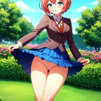 ddlc, doki doki literature club, blue eyes, blush, clothed, cute, cutie, dress lift, flowers, just sayori, looking at viewer, nature, no panties, pussy, red bow