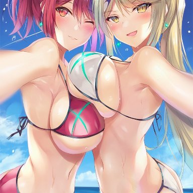 nintendo, xenoblade (series), xenoblade chronicles 2, mythra, pyra, inoue takuya (pixiv 99697), 2girls, ass, beach, bikini, blonde hair, breasts, clouds, earrings, large breasts