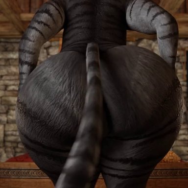 bethesda softworks, skyrim, the elder scrolls, khajiit, zenith741, 1girls, ambiguous gender, anthro, ass, ass focus, ass jiggle, ass shake, ass shaking, bed, big ass