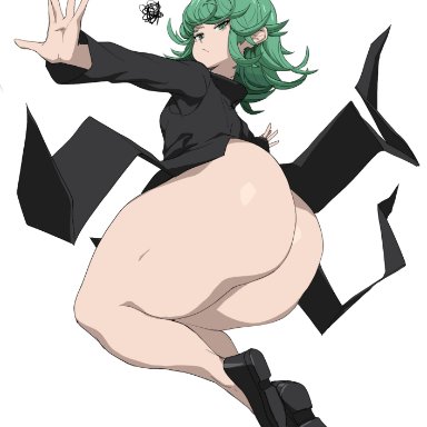 one-punch man, tatsumaki, sinensian, 1girls, ass, dat ass, female, green eyes, green hair, huge ass, no panties, short hair, simple background, small breasts, thick thighs