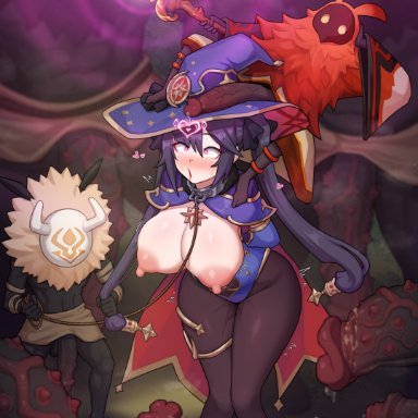 genshin impact, hilichurls (species), mitachurl, mona (genshin impact), pyro abyss mage, poper, 1girls, areolae, big breasts, big penis, black pantyhose, breasts, erect nipples, female, giant penis