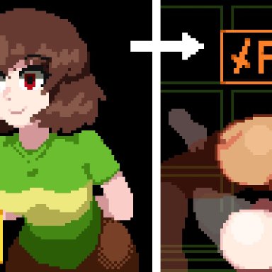 undertale, undertale (series), chara, 1boy, 1girls, brown hair, mating press, red eyes, animated, instant loss 2koma, pixel art