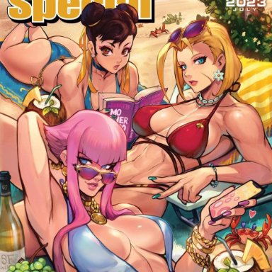 capcom, street fighter, street fighter 6, cammy white, chun-li, manon (street fighter), reiq, udon entertainment, 3girls, armpits, arms behind back, ass, beach, bikini, blonde hair