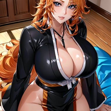 bleach, matsumoto rangiku, stable diffusion, 1girls, curvaceous, curvy body, curvy female, female focus, female only, huge breasts, long hair, mature female, orange hair, solo female, solo focus