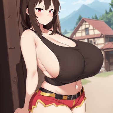 megumin, oatmealdood, stable diffusion, 1girls, aged up, breasts, brown hair, female, huge breasts, light-skinned female, light skin, long hair, outdoors, red eyes, thick thighs