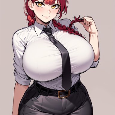 chainsaw man, makima (chainsaw man), oatmealdood, 1girls, 5 fingers, alternate body type, alternate breast size, big breasts, big thighs, black necktie, black pants, clothed, clothed female, curvy, curvy body