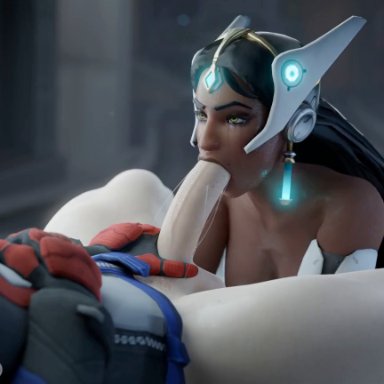 blizzard entertainment, overwatch, soldier 76, symmetra, aphy3d, 1boy, blowjob, clothed male, clothed male nude female, cum, cum in mouth, cumshot, dark-skinned female, fellatio, female