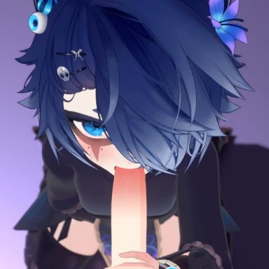 snuffy, snuffy (vtuber), cottontailva, 1boy, 1girls, blowjob, blue eyes, blue hair, cum, cum in mouth, cumshot, ejaculation, light-skinned female, light-skinned male, light skin