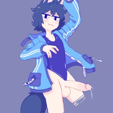 original character, amaruu, :3, animal ears, balls, big penis, blush, bottomless, clothed, clothes aside, femboy, fox boy, fox tail, gay, hung femboy