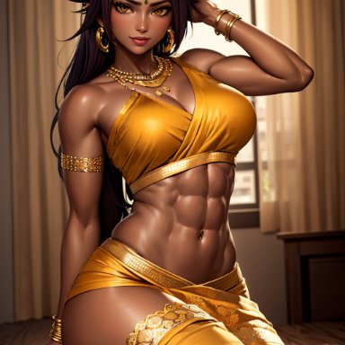bleach, shihouin yoruichi, diffusionlad, stable diffusion, abs, bangle, big breasts, bindi, dark-skinned female, earrings, hair ornament, harem outfit, indian clothes, jewelry, muscular female