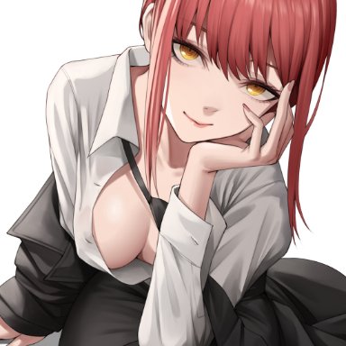 chainsaw man, mappa, makima (chainsaw man), kuronerinka, 1girls, big breasts, cleavage, female, female only, light-skinned female, looking at viewer, open shirt, red hair