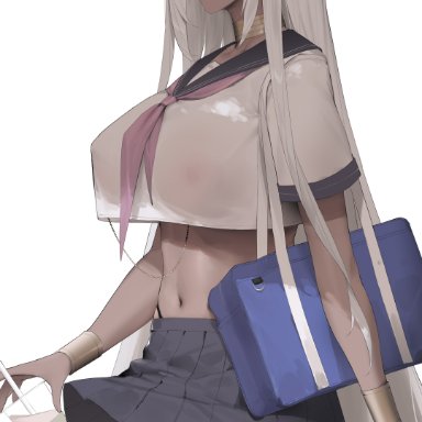 original, aliosarvin, 1girls, bag, bracelet, breasts, bubble tea, chains, choker, clothing, crop top, cup, dark-skinned female, dark elf, dark skin