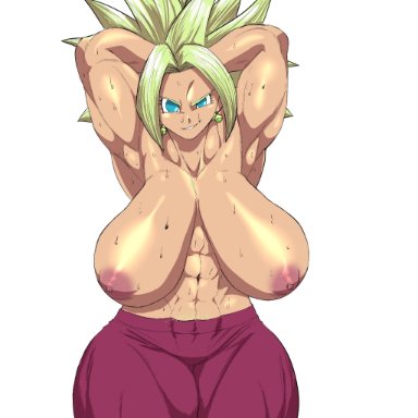 dragon ball, dragon ball z, kefla, jombleywombley, armpits, blonde hair, blue eyes, earrings, female abs, female pubic hair, huge breasts, lifting arms, muscular female, pink pants, pubic hair peek