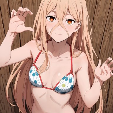 chainsaw man, power (chainsaw man), whirlpai, 1girls, against wall, bikini, blonde hair, blush, breasts, demon, demon girl, female, female only, long hair, looking at viewer