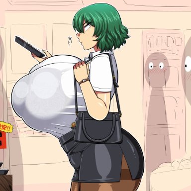 touhou, yuka kazami, amazon (taitaitaira), bra, breasts, gigantic breasts, green hair, huge breasts, huge nipples, miniskirt, nipple bulge, office lady, pantyhose, public, see-through clothing