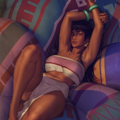 the road to el dorado, chel, krysdecker, 1girls, armpits, barefoot, bed, big breasts, black hair, breasts, brown body, brown skin, dark-skinned female, dark skin, dick sucking lips