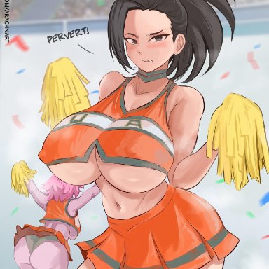 my hero academia, mina ashido, momo yaoyorozu, arachnart, 2girls, antennae, ass, black hair, blush, breasts, bubble butt, cheerleader, cheerleader uniform, dat ass, embarrassed