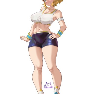 nintendo, tears of the kingdom, the legend of zelda, princess zelda, zelda (breath of the wild), achromaru, 1girls, blonde hair, booty shorts, breasts, female, green eyes, hand on hip, huge breasts, midriff