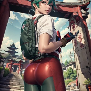 blizzard entertainment, overwatch, overwatch 2, kiriko (overwatch), stable diffusion, stealthclobber, 1girls, ass, backpack, clothed, female, from behind, green eyes, green hair, lips