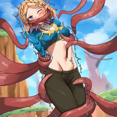 breath of the wild, nintendo, tears of the kingdom, the legend of zelda, princess zelda, zelda (breath of the wild), bakasplilzy, 1girls, blonde hair, blue eyes, blush, bondage, boots, bound, breast grab