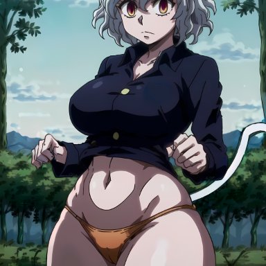 hunter x hunter, neferpitou, gardener ai, stable diffusion, alternate costume, breasts, cameltoe, cat ears, cat tail, catgirl, coat, curly hair, curvy, forest, forest background