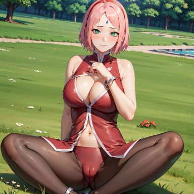 boruto: naruto next generations, naruto, naruto (series), sakura haruno, gospinsin, nai diffusion, stable diffusion, 1girls, blush, bracelet, breasts, cameltoe, center opening, dress, female