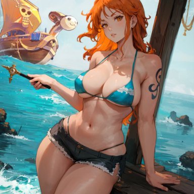 one piece, nami, erotic nansensu, 1girls, bikini, booty shorts, breasts, cleavage, female, holding object, jean shorts, large breasts, light-skinned female, light skin, long hair