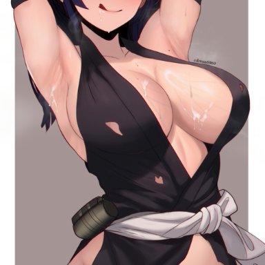 jigokuraku, yuzuriha (jigokuraku), edmun, :q, armpits, arms behind head, blush, breasts, brown eyes, closed mouth, cum, cum on armpits, cum on body, cum on breasts, facial