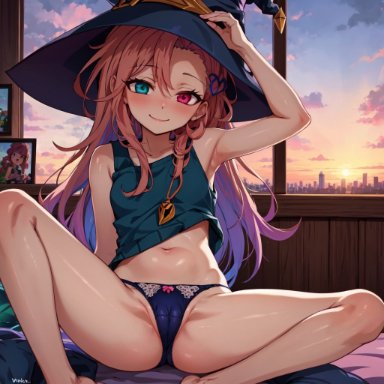 league of legends, zoe (league of legends), armpits, cameltoe, hat, heterochromia, orange hair, panties, small breasts, tank top, thighs, ai generated