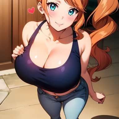 pokemon, sonia (pokemon), stable diffusion, 1girls, big breasts, blue crop top, blue eyes, blue jeans, blush, busty, collarbone, crop top, curvy, facing forward, facing viewer