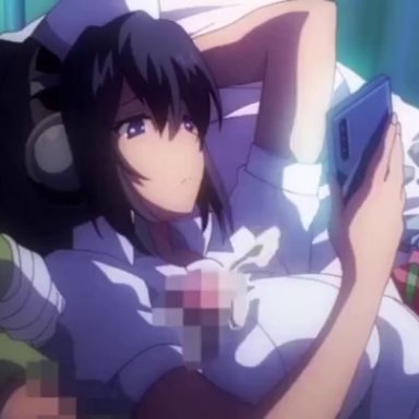 sakusei byoutou the animation, armpit sex, bags, bandage, bed, black hair, black panties, blush, breasts, building, buildings, cellphone, chips (food), cum, cum in pussy