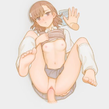 to aru kagaku no railgun, to aru majutsu no index, misaka imouto, bartolomeobari, 1boy, 1girls, areolae, bare thighs, barefoot, blush, breasts, breasts out, brown eyes, brown hair, clitoris