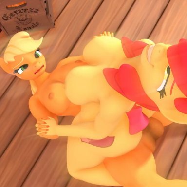 friendship is magic, hasbro, my little pony, apple bloom (mlp), applejack (mlp), realvinyl, 5 toes, aged up, anthro, ass, audible creampie, balls, big breasts, bodily fluids, bouncing breasts