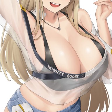 goddess of victory: nikke, centi (nikke), kuronerinka, 1girls, backwards baseball cap, big breasts, blonde hair, blue eyes, booty shorts, breasts, cleavage, female, female only, huge breasts, light-skinned female