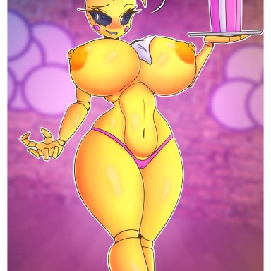 five nights at freddy's, five nights at freddy's 2, five nights in anime, toy chica (fnaf), tr yithaz, 1girls, areola, areola bulge, areolae, big breasts, bimbo, black sclera, blush, blush lines, breasts