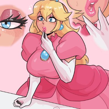 mario (series), nintendo, princess peach, loggus doggus, applying lipstick, applying makeup, blonde hair, crown, dress, gown, jewelry, lip focus, lipstick, long hair, princess