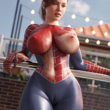 marvel, spider-man (ps4), spider-man (series), mary jane watson, spider-man (cosplay), apone3d, 1girls, ass, athletic female, big ass, big breasts, blue eyes, bodypaint, breasts, cameltoe