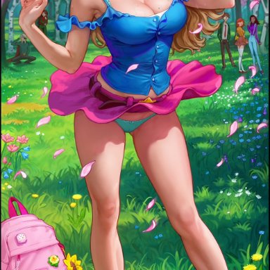 stardew valley, haley (stardew valley), aroma sensei, 1girls, ass, big ass, big breasts, big lips, blonde hair, blue eyes, breasts, busty, clothed, curvaceous, curvy