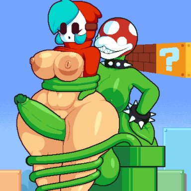 mario (series), nintendo, super mario bros., piranha plant, shy gal, xmelomor24x, 1futa, 1girls, areolae, balls, big breasts, blush, bottomless, breasts, breasts exposed